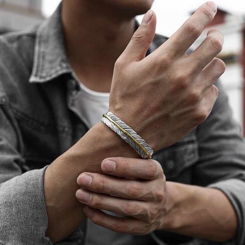 Men’s Silver Feather Adjustable Bangle Cuff Bracelet Fashion Retro Jewelry USA