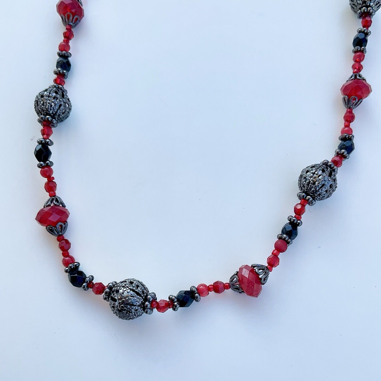 1928 Jewelry Red & Black Ornamental Beaded Necklace, 19” Adjustable