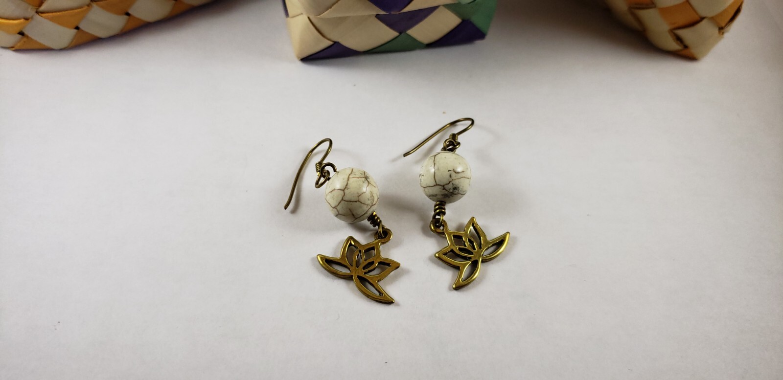 Handmade Southeast Asia Cambodia Ethnic White Stone Lotus Brass Earrings Jewelry