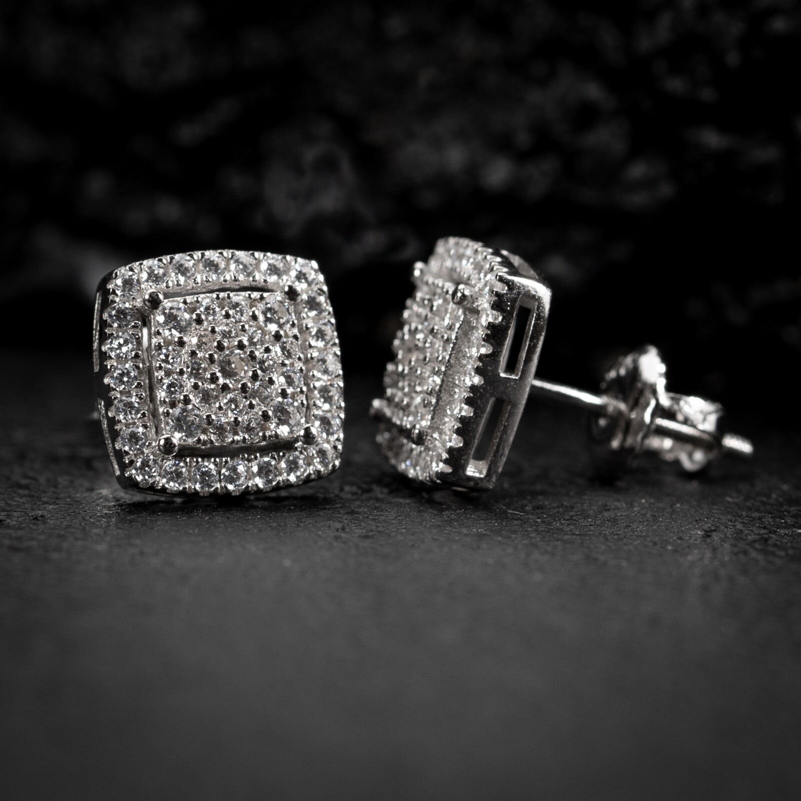 White Gold 925 Sterling Silver Hip Hop 3D Cube Square Cluster Mens Stud Earrings