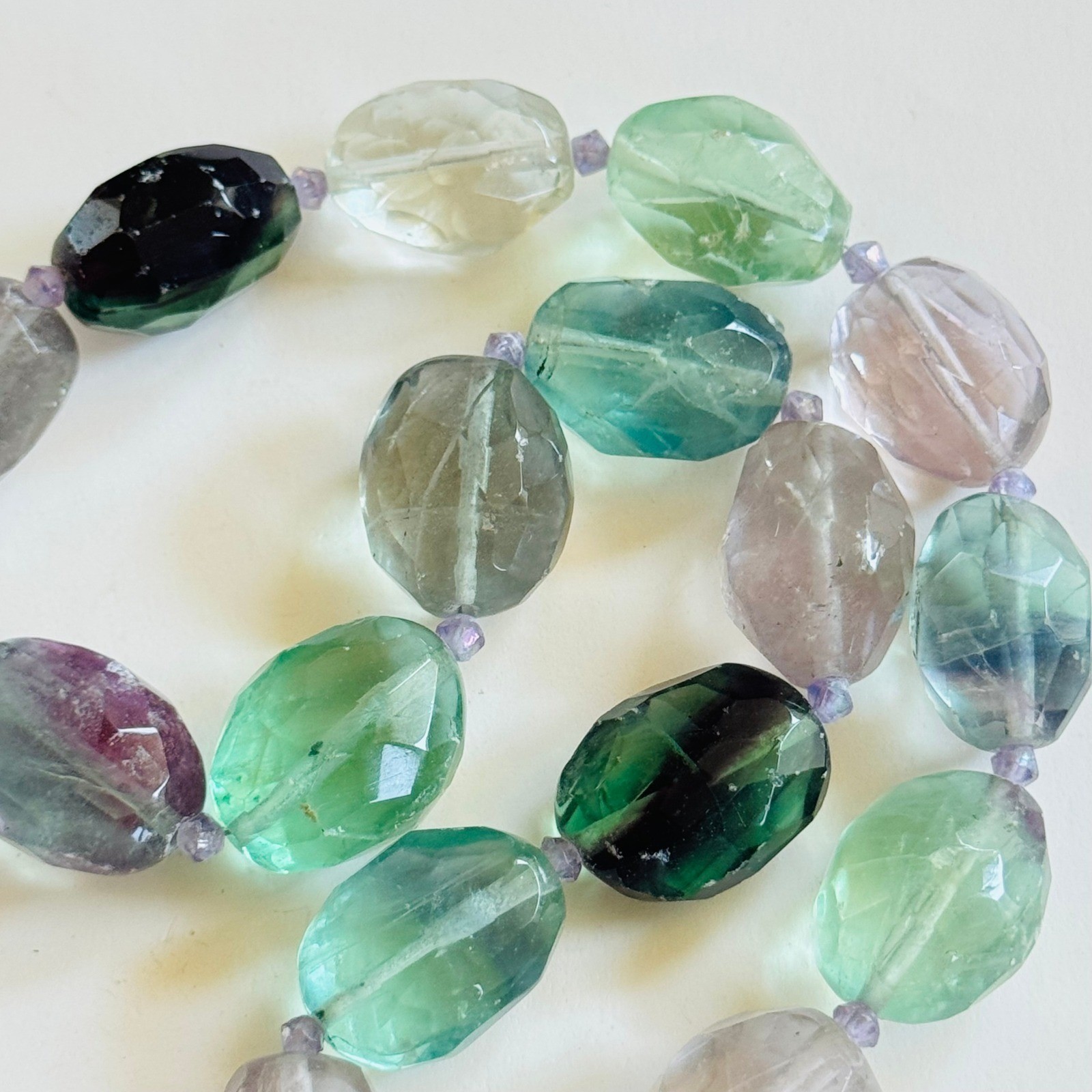 VTG Mermaid Rainbow Fluorite Necklace Natural Beads Whimsical sterling 925 18″