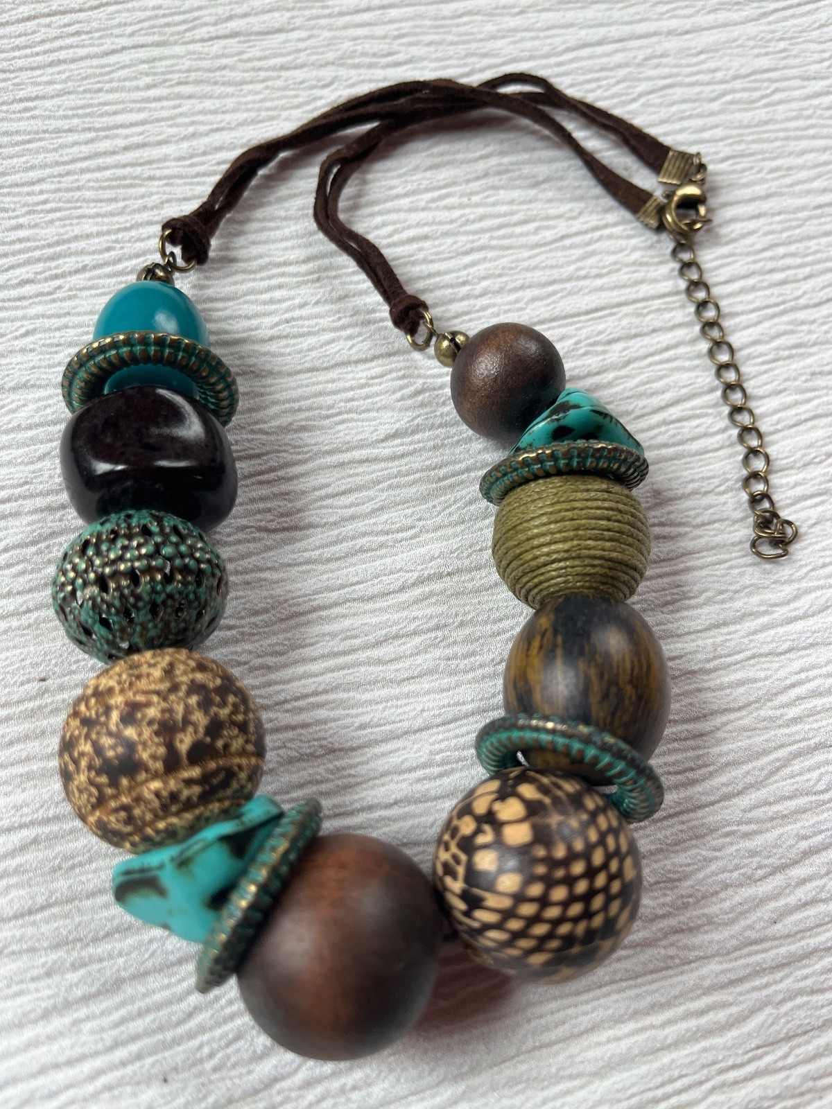 Dark Brown Double Suede Cord w Chunky Turquoise Brown Metal Wood Plastic Bead