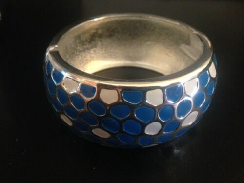 NEW RETRO Enameled Blue, White & Silver tone Bangle Bracelets 1.25″ wide – FUNKY