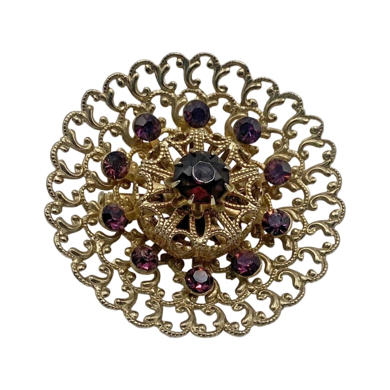 Gold Tone Round Filigree Brooch Pin w/ Purple Crystal Rhinestones, 2 in