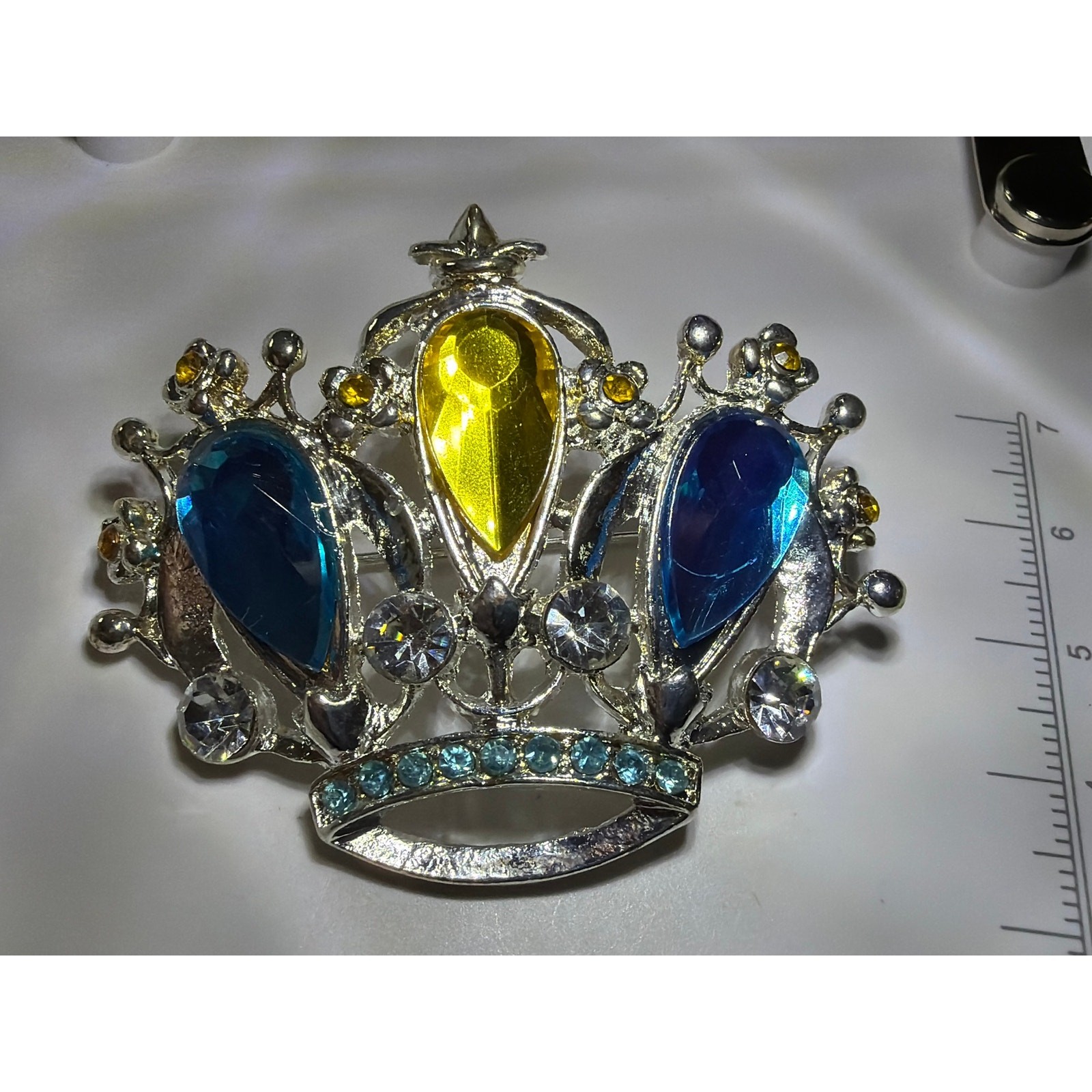 Vintage Crown Brooch Blue Yellow Crystal Rhinestone Silver Tone Royal Pin