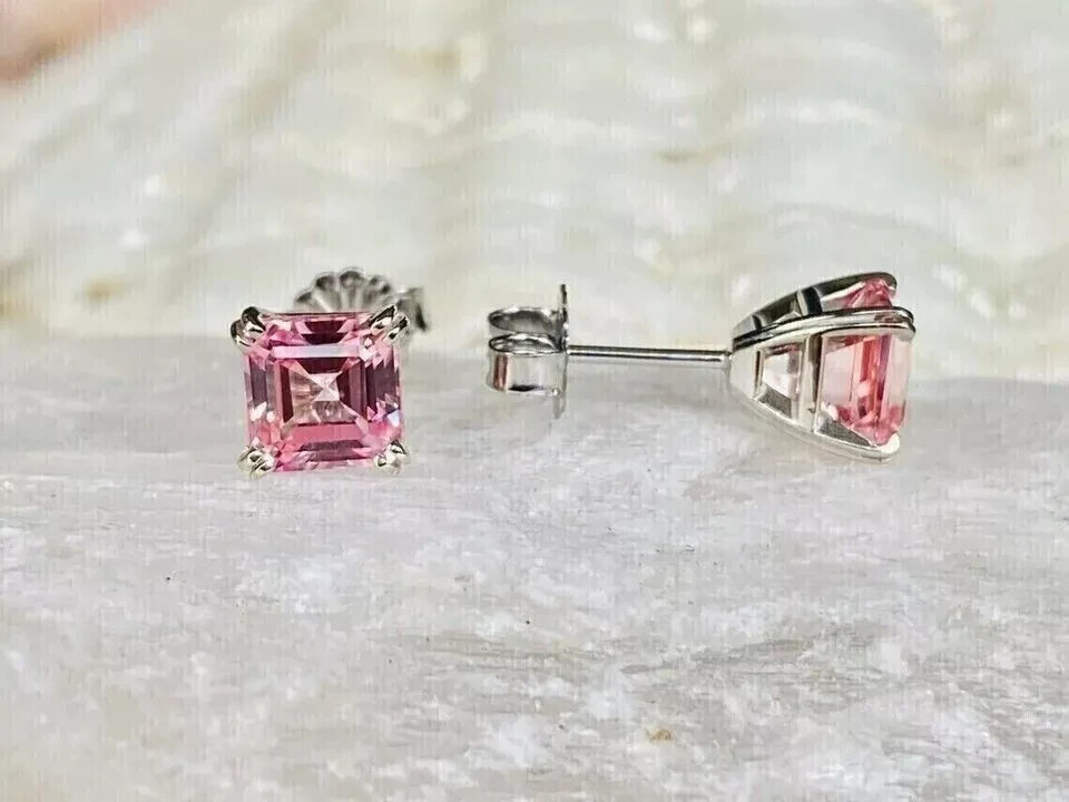 Pink Diamond 1.50Ct Asscher Cut Lab Created Stud Earrings 14K White Gold Plated