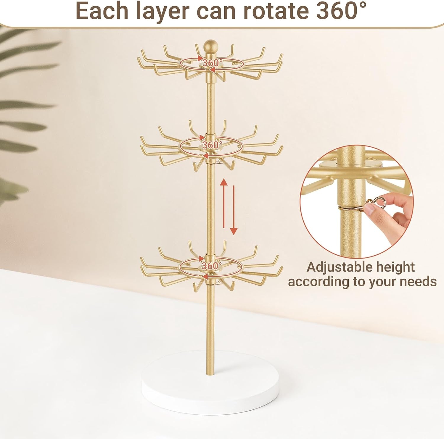 Gold Rotating Bracelet Stand 3 Tier 36 Hooks Wood Base, Jewelry Display Tower