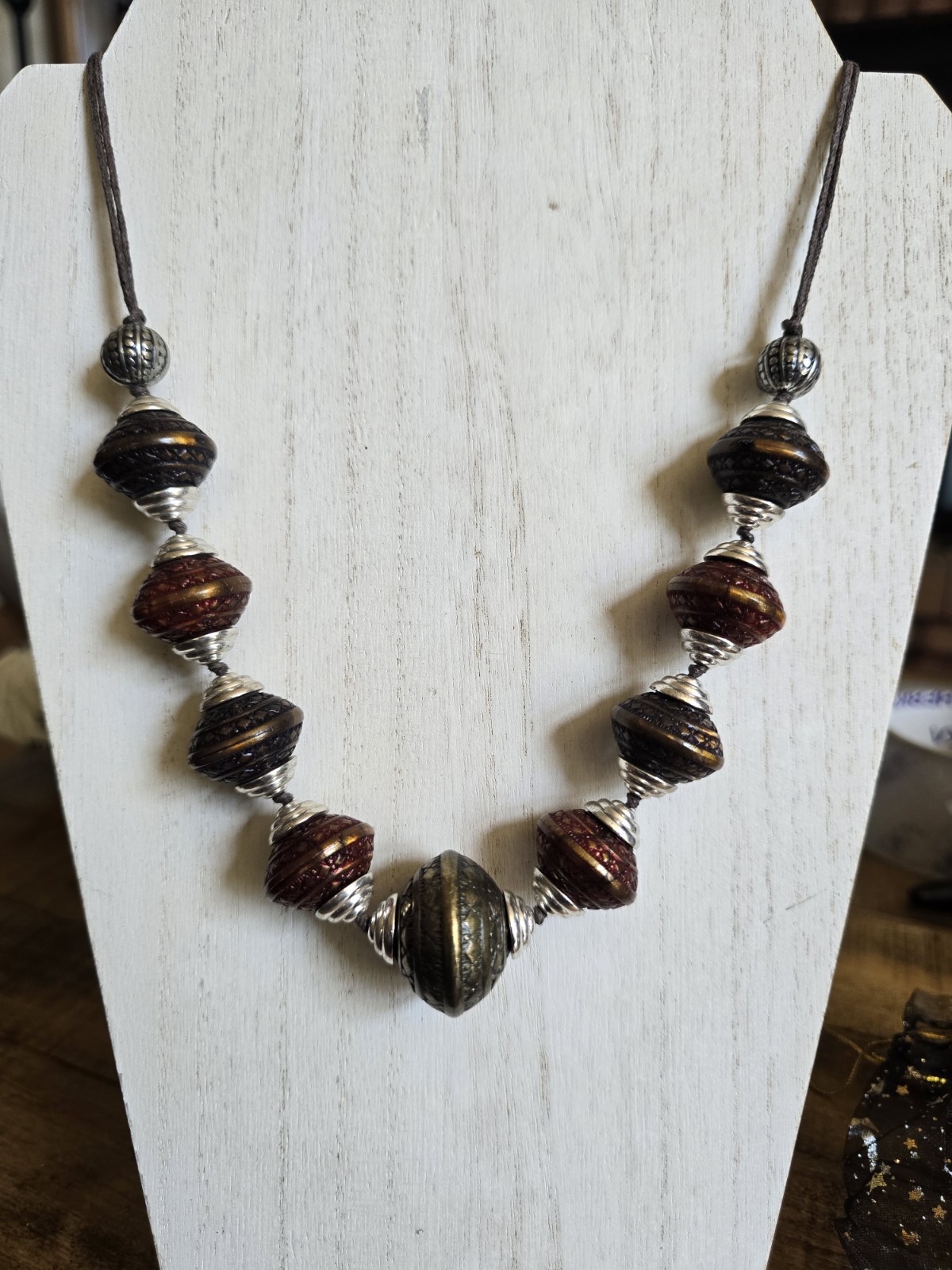 Silver Bronze Gold Tribal Filigree Beaded Necklace 21”