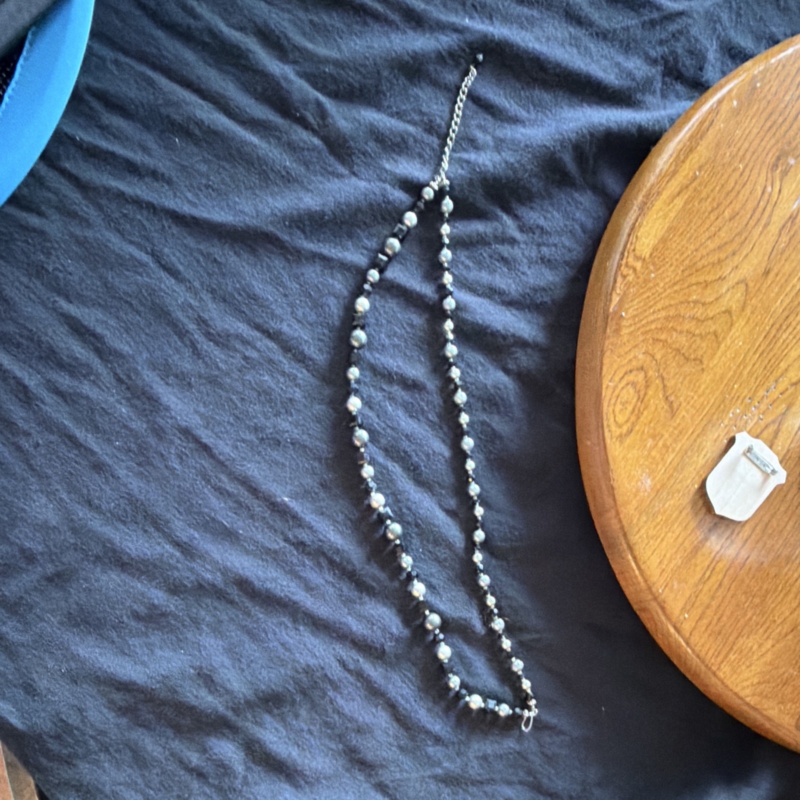 White Faux Pearl Round Beaded Necklace, Black/White Beads, Crystal, Extender