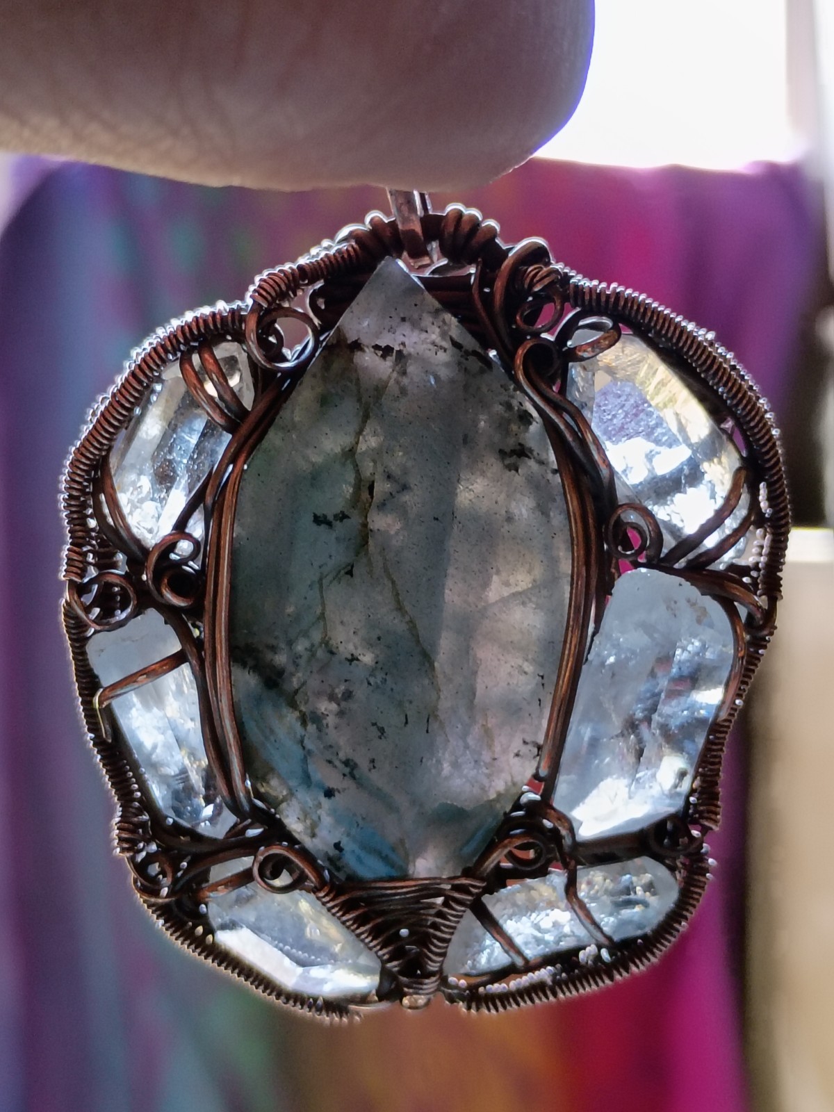 Labradorite Surrounded In Quartz Crystals Wirewrap Pendant Copper Statement