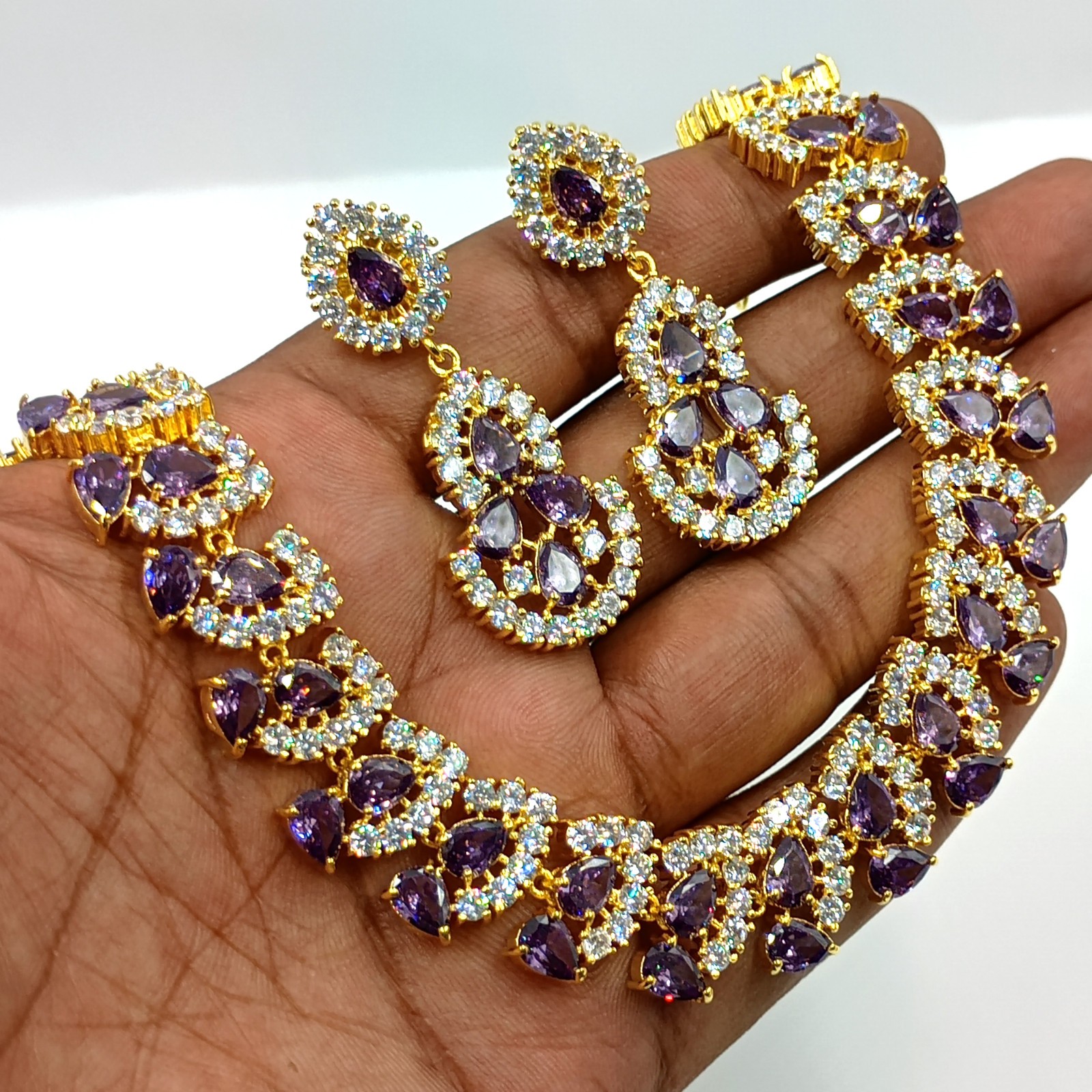 Amethyst Stone Necklace Set 22k Gold Plated Statement Ethnic Party Wear Jewelry
