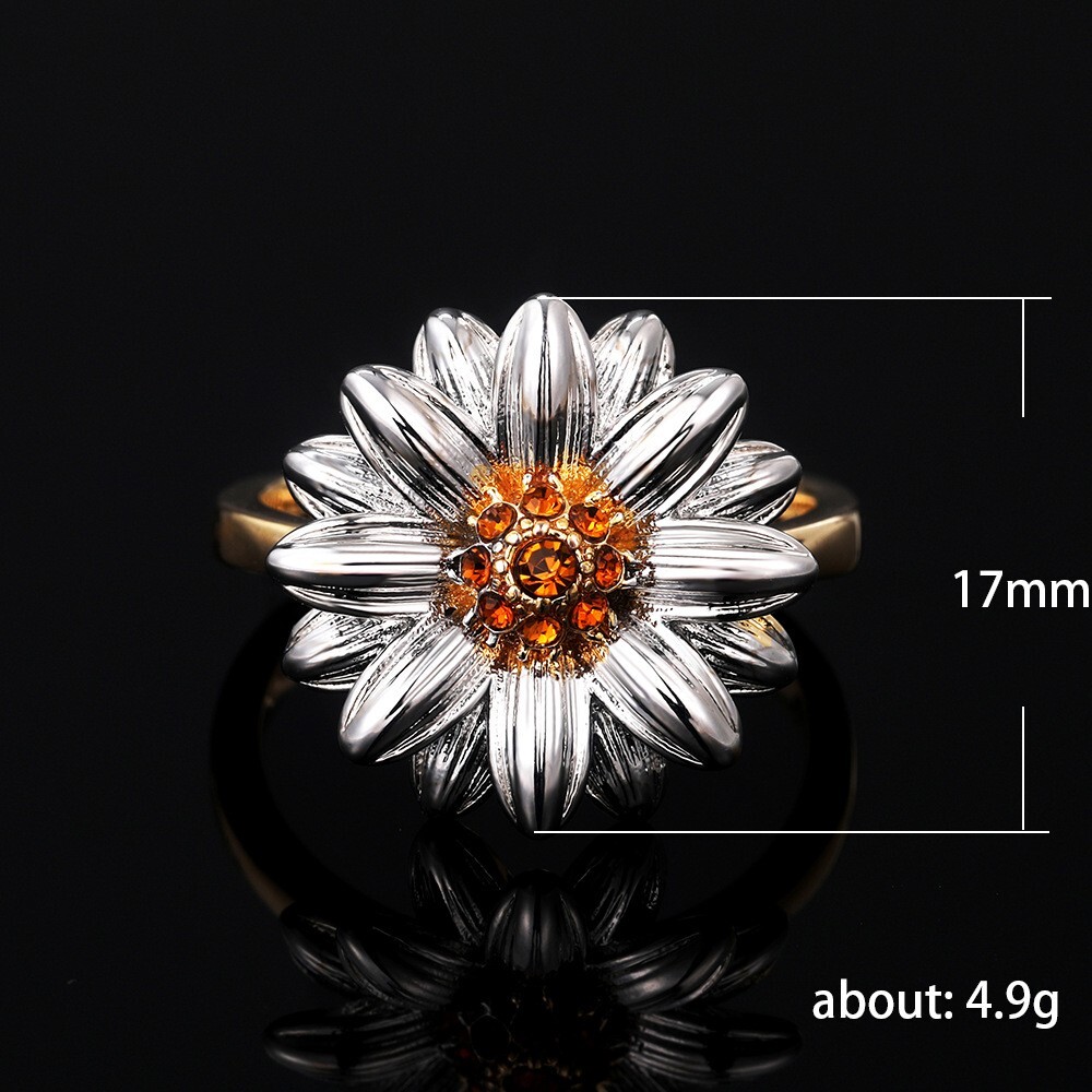 Love Gift Ring Silver Plated Daisy Sunflower Ring 1CT Simulated Diamond Ring