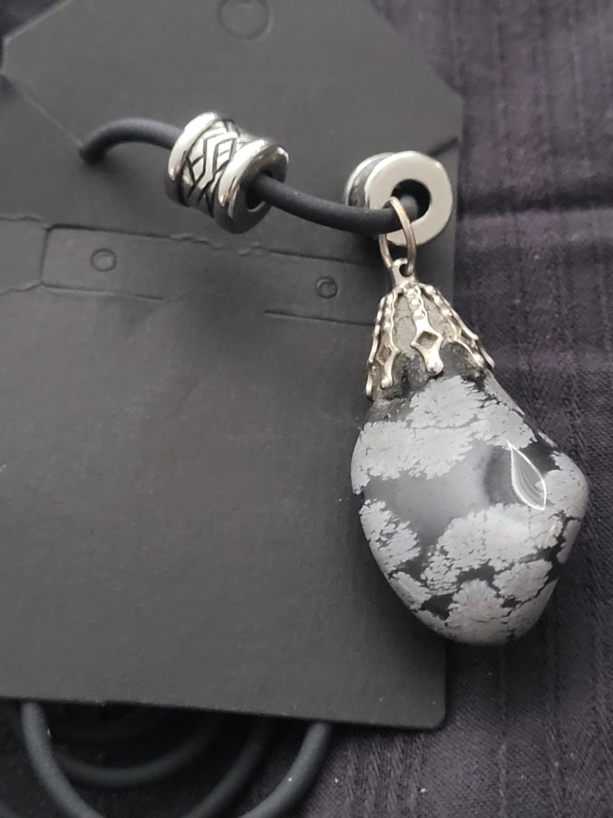 Black & Gray SnowflaObsidian Teardrop Pendant Necklace On Black Cord