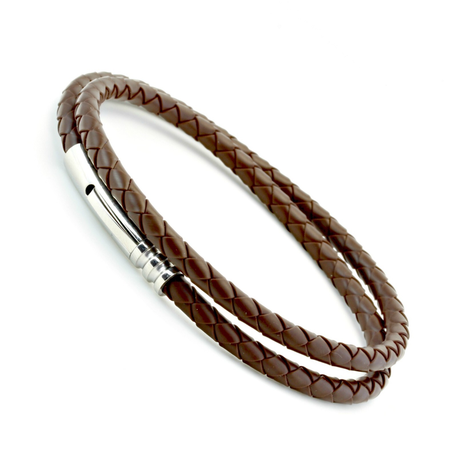 Men’s Double Wrap Braided Rubber Bracelet-Stainless Steel Trigger clasp-Brown