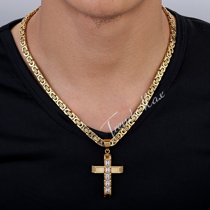 18-30“ Stainless Steel CZ Rhinestone Cross Pendant Necklace Flat Byzantine Chain