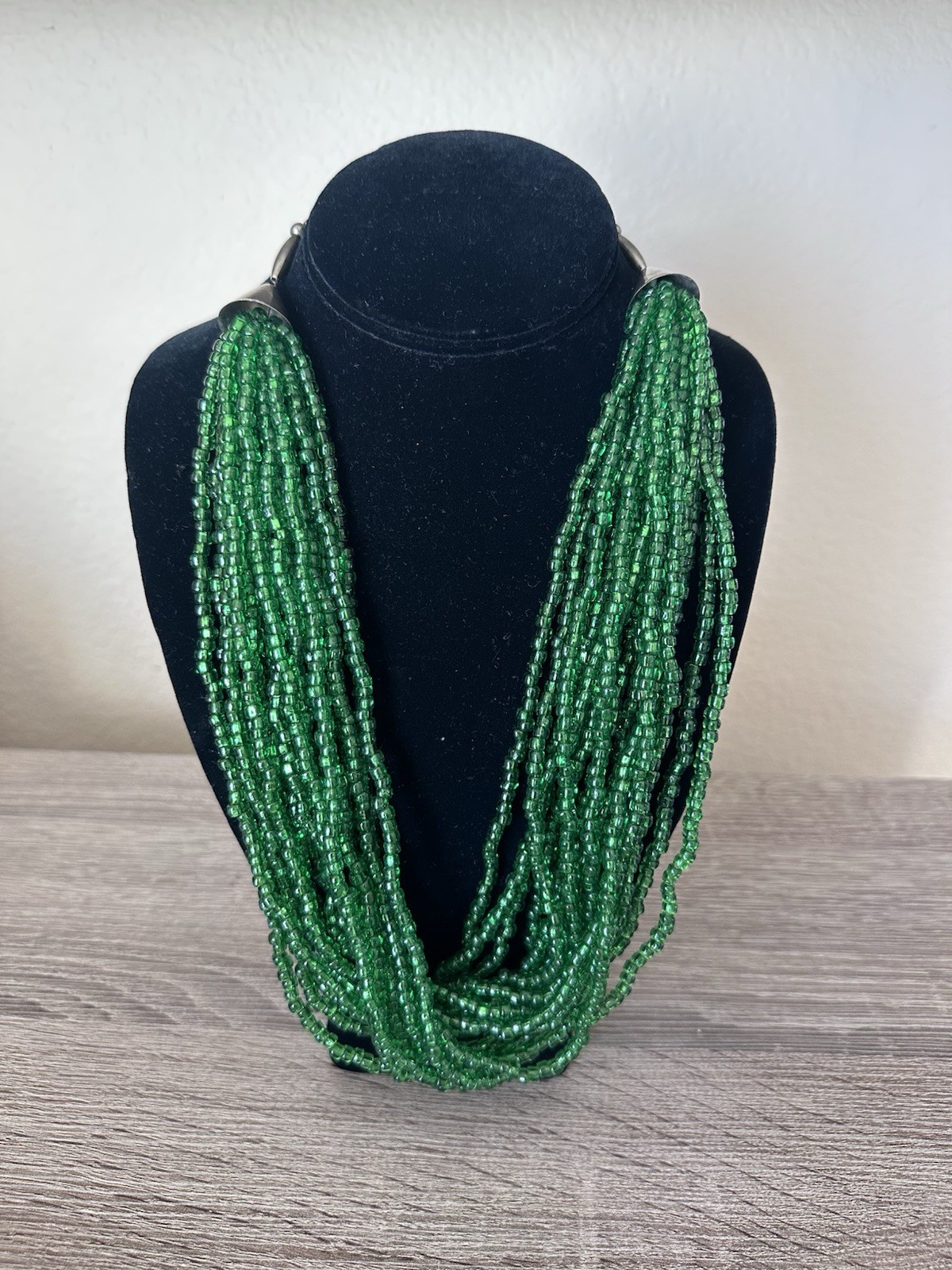 Vintage Southwestern Multi Strand Green Glass Seed Bead Necklace Silver Tone