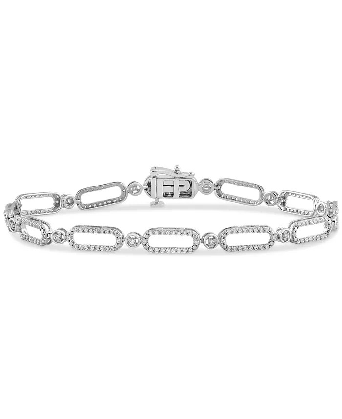 Diamond Open Link Bracelet 1 Ct TW Sterling Silver 7.25in Box Clasp New