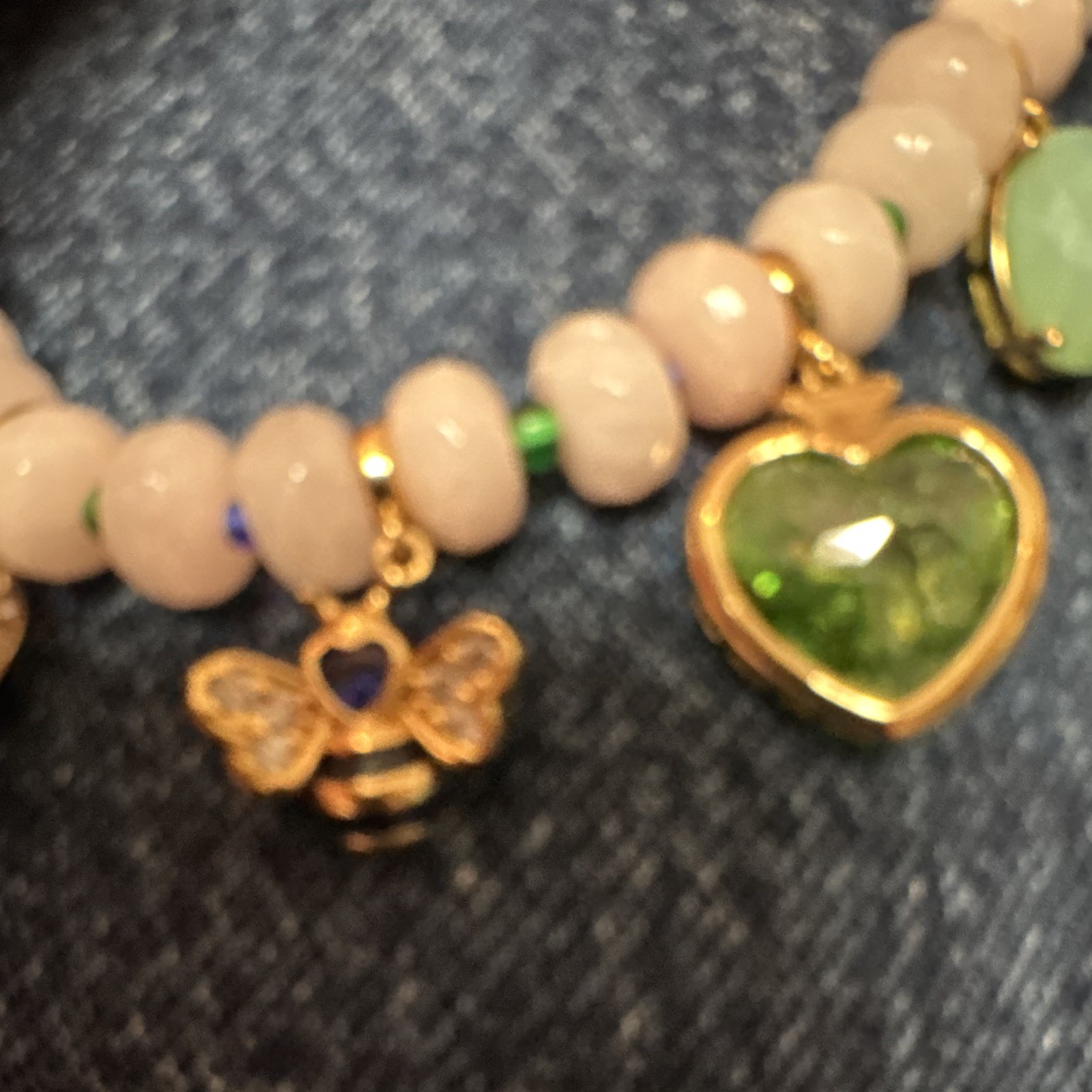 kate spade new york Pink Beaded Charm Necklace Green Heart Glass Pendant