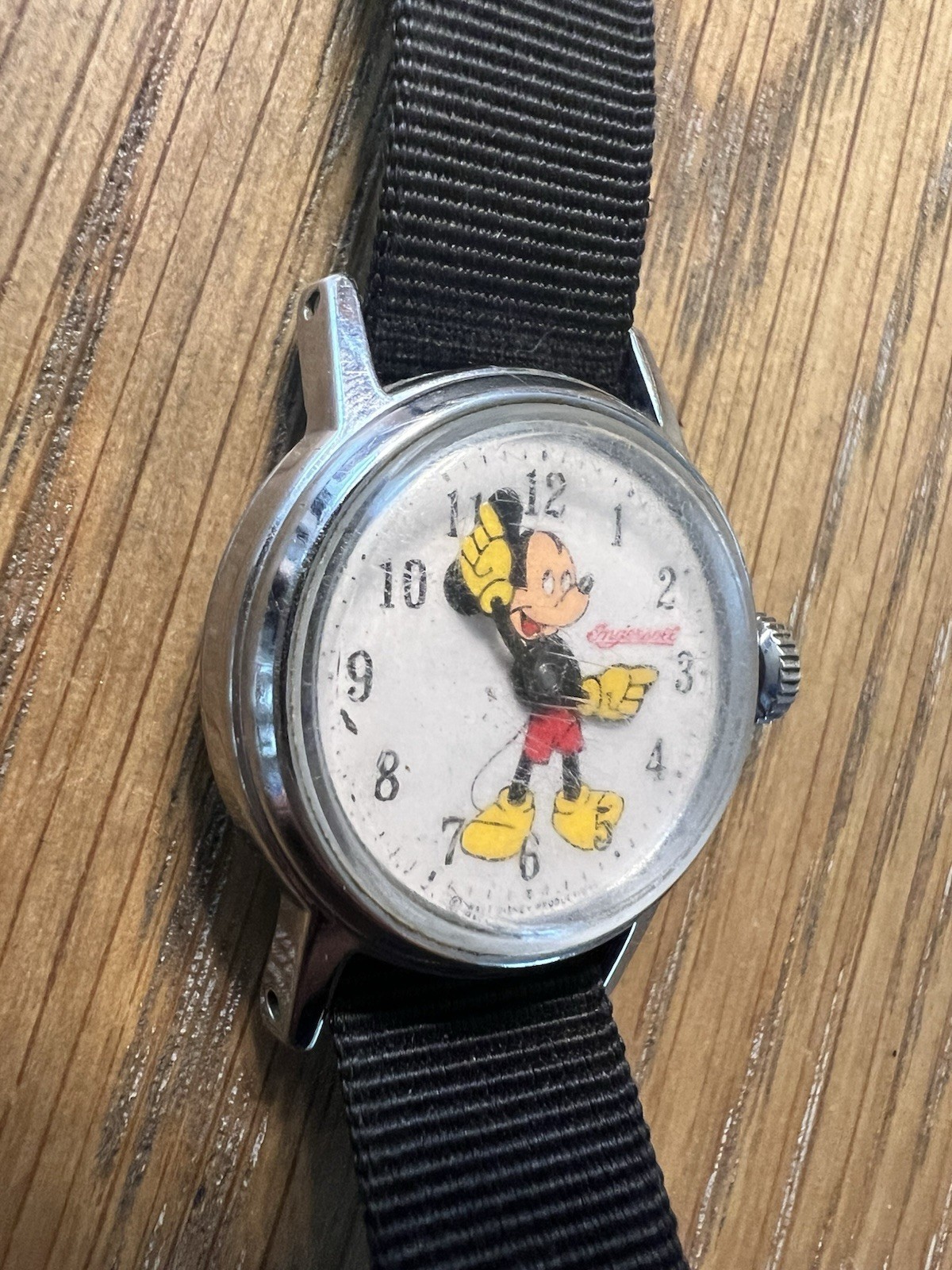 Ingersoll Mickey Mouse Manual Wind Vintage Watch 1950s Silver Case Black Nylon