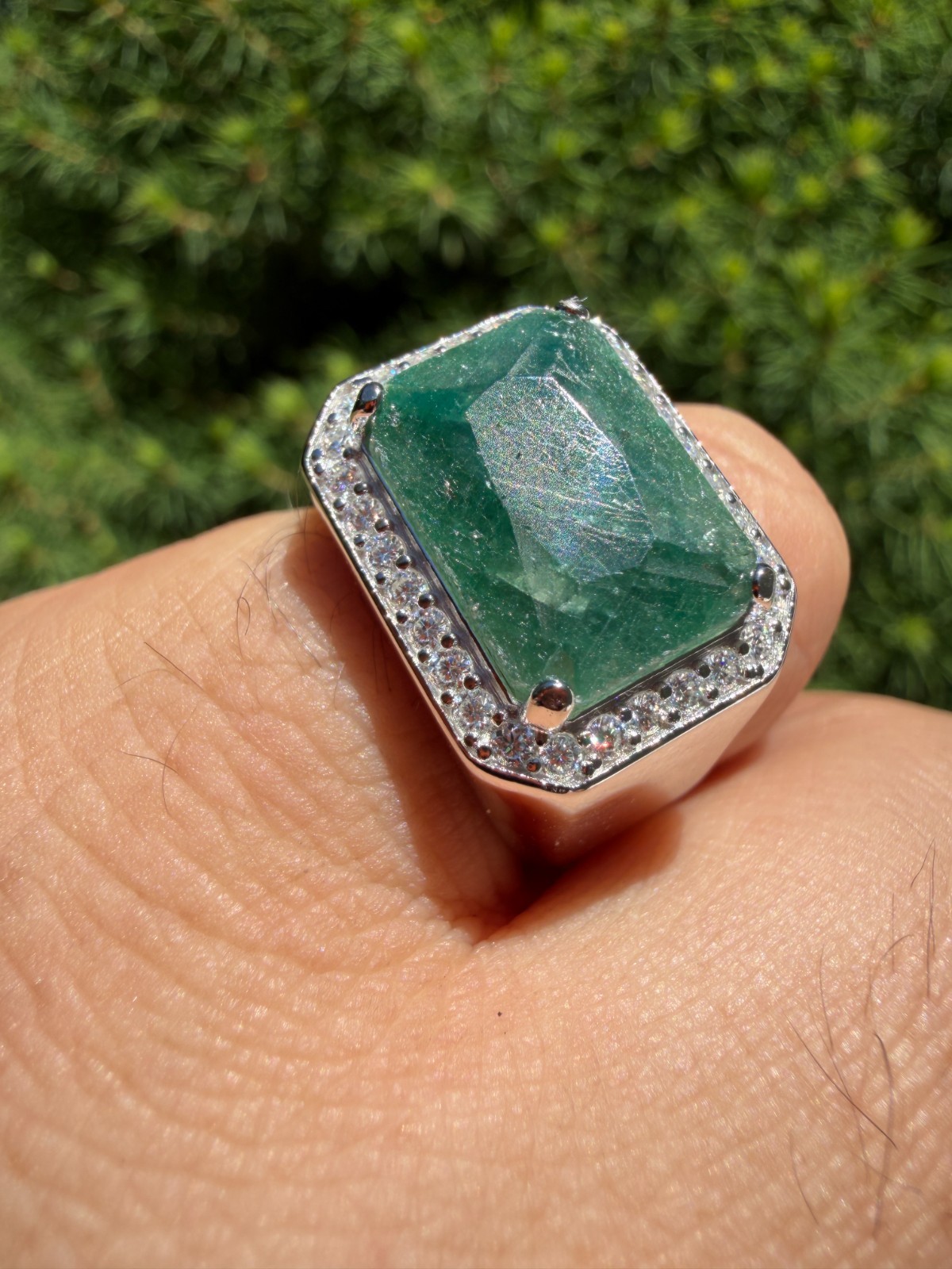 MOISSANITE Iced Natural 9ct Rectangle Green Emerald Stone Ring 925 Silver