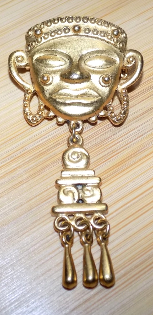 Vintage Bali Asian Mask Gold Tone Costume Jewelry Southeast Asia Brooch Pin