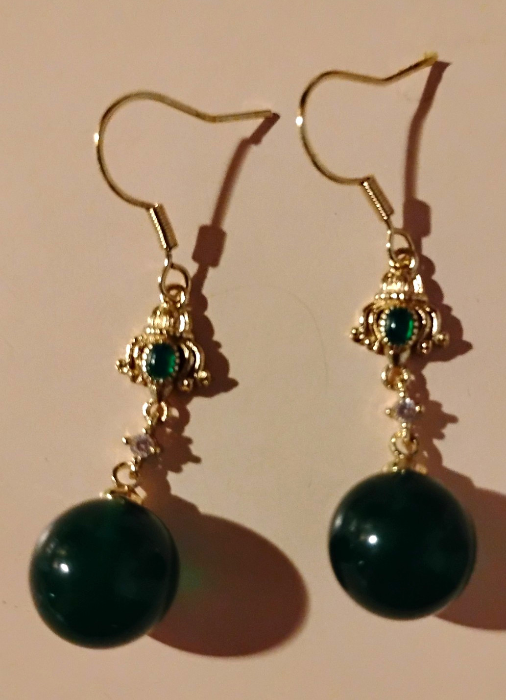 Gold Jade Round Bead Dangle/Drop Hook Earrings , At least 1OK Gold Plated