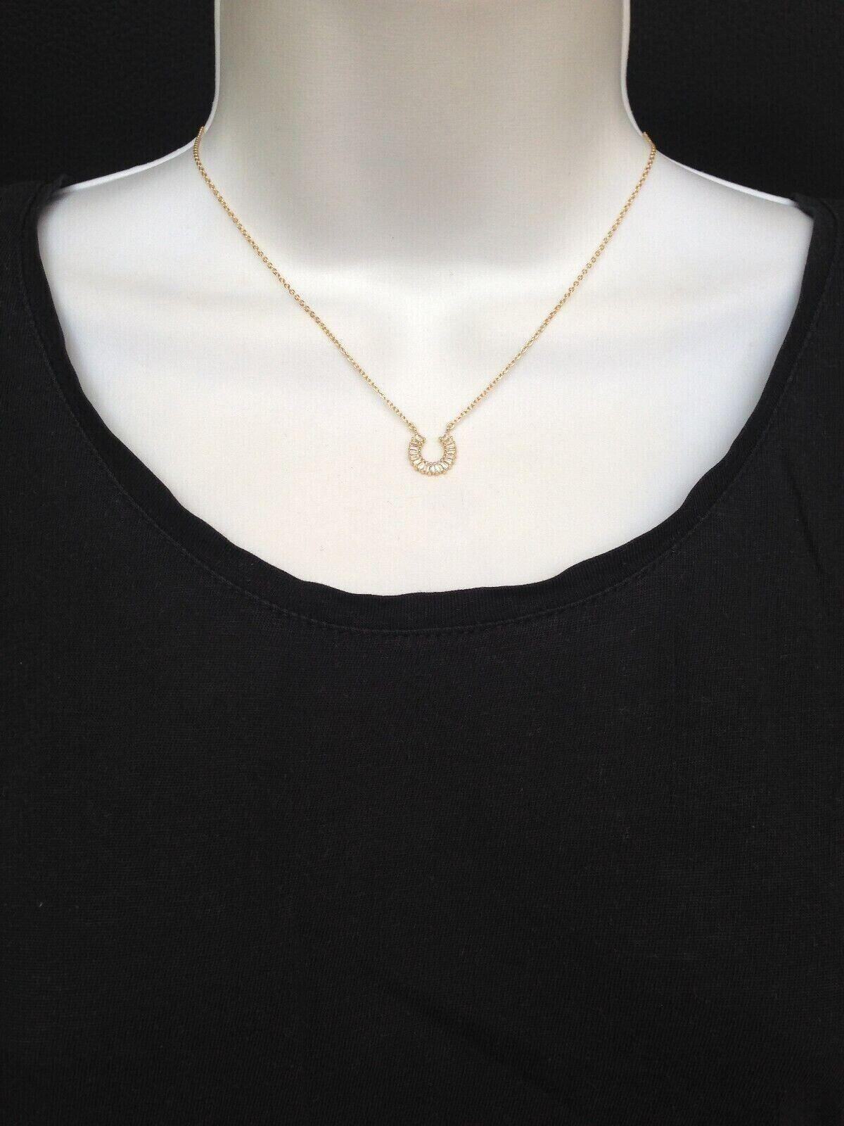 925 Sterling Silver CZ Baguette Horseshoe Pendant Necklace Gold Women 10.8mm