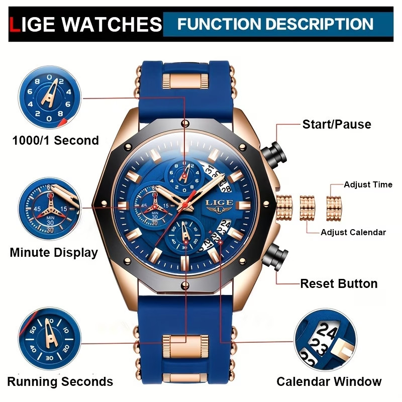 Men Chronograph, Quartz Watch Luminous Calendar, Casual Sports Wristwatch