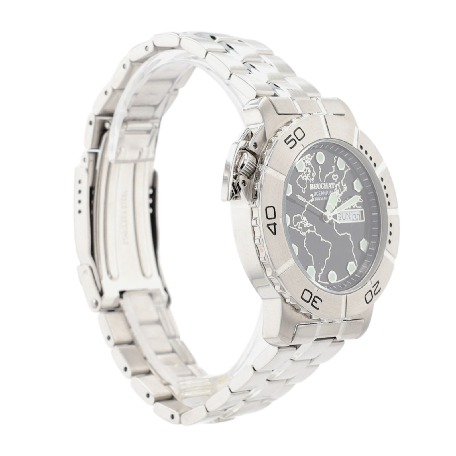 Beuchat Oceanium Mens Watch 300M Diver World Map Dial Swiss Steel Day Date