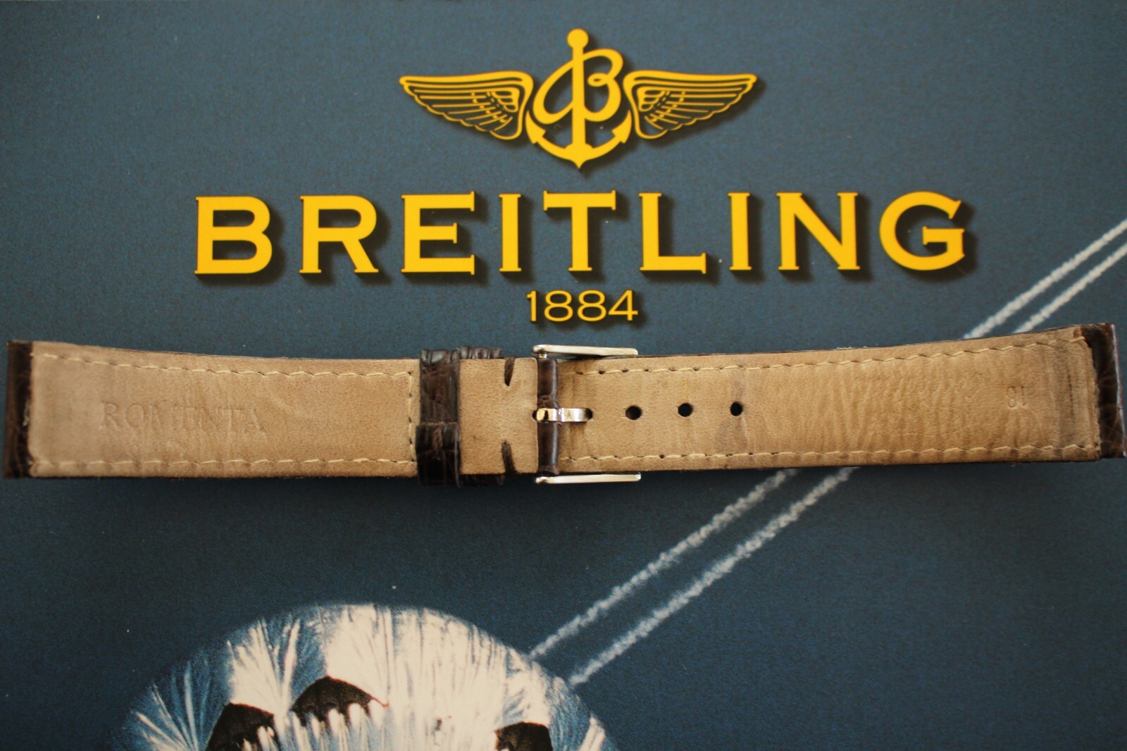 VINTAGE 18MM TONGUE BUCKLE BLACK CROCO WATCH BAND WATCHBAND STRAP FOR BREITLING