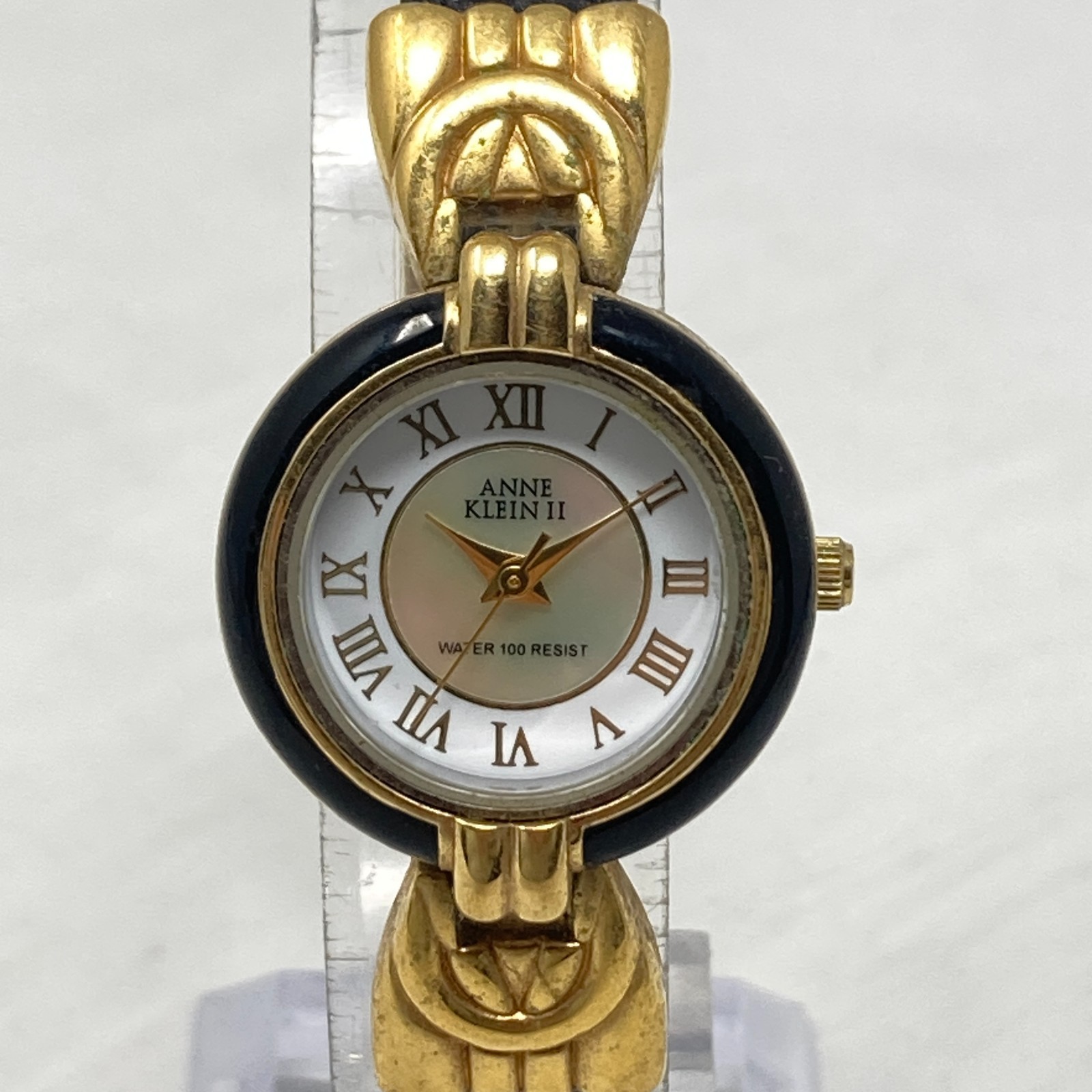 Vtg Anne Klein II Watch Women 24mm Gold Tone MOP Black Classic New Battery 8″