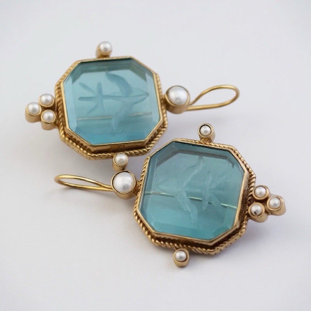 Museum Intaglio Earrings Blue Pearl Gold Cameo Flower Geometric Court Palace VTG