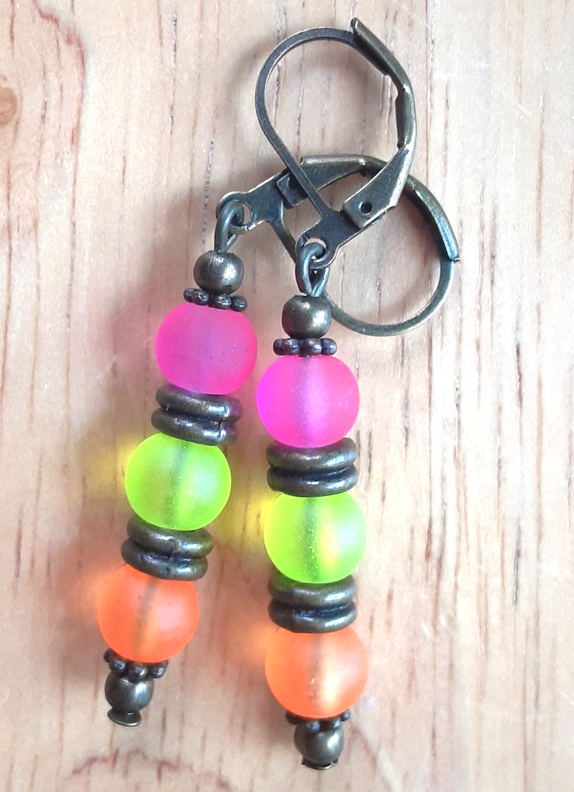 pink lime orange FROSTED BEACH GLASS drop earring BRONZE HANDCRAFTED 910