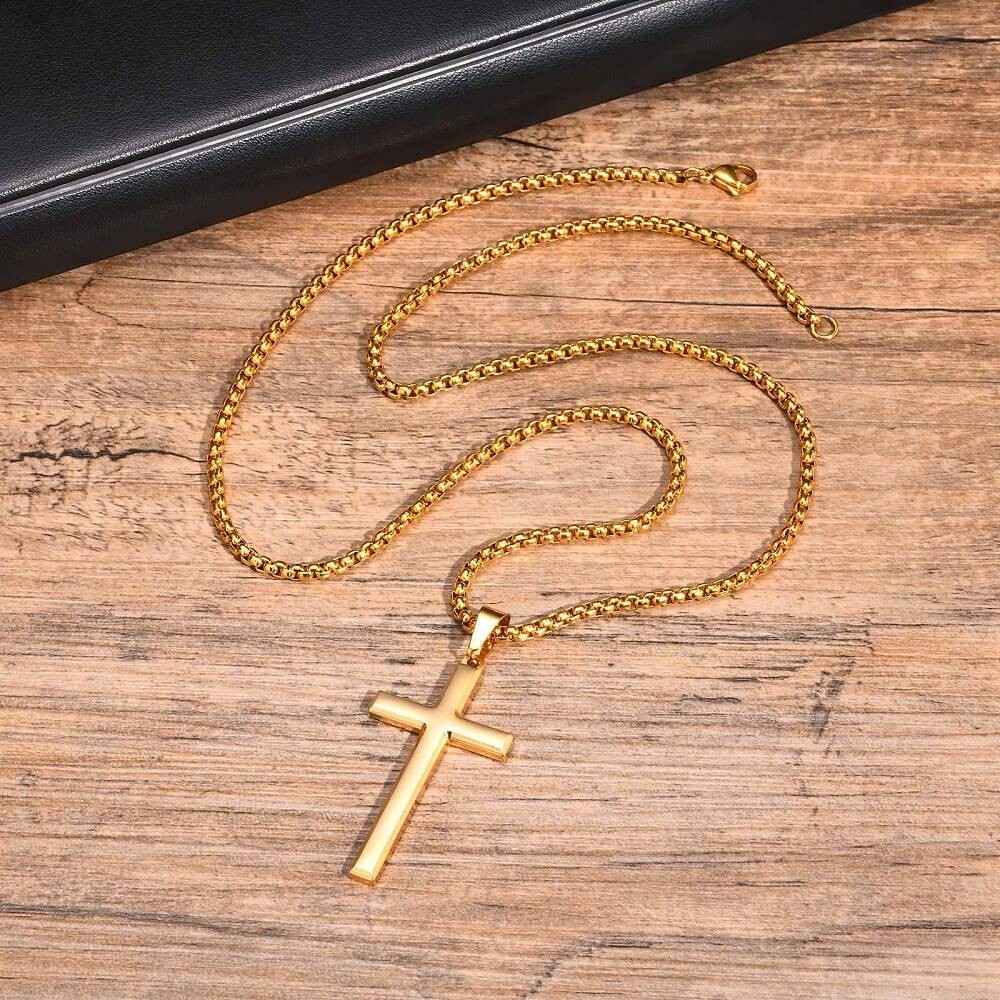 Gold Plated Stainless Steel Necklace Cross Pendant Mens Box Chain Lobster N21