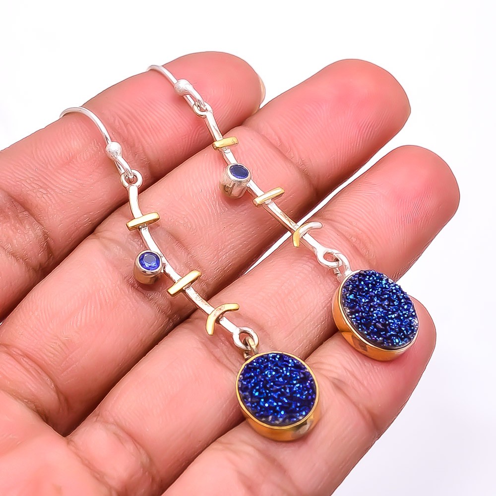Blue Titanium Agate Drusy & Sapphire Simulated 925 Silver Earring 2.34″ E22