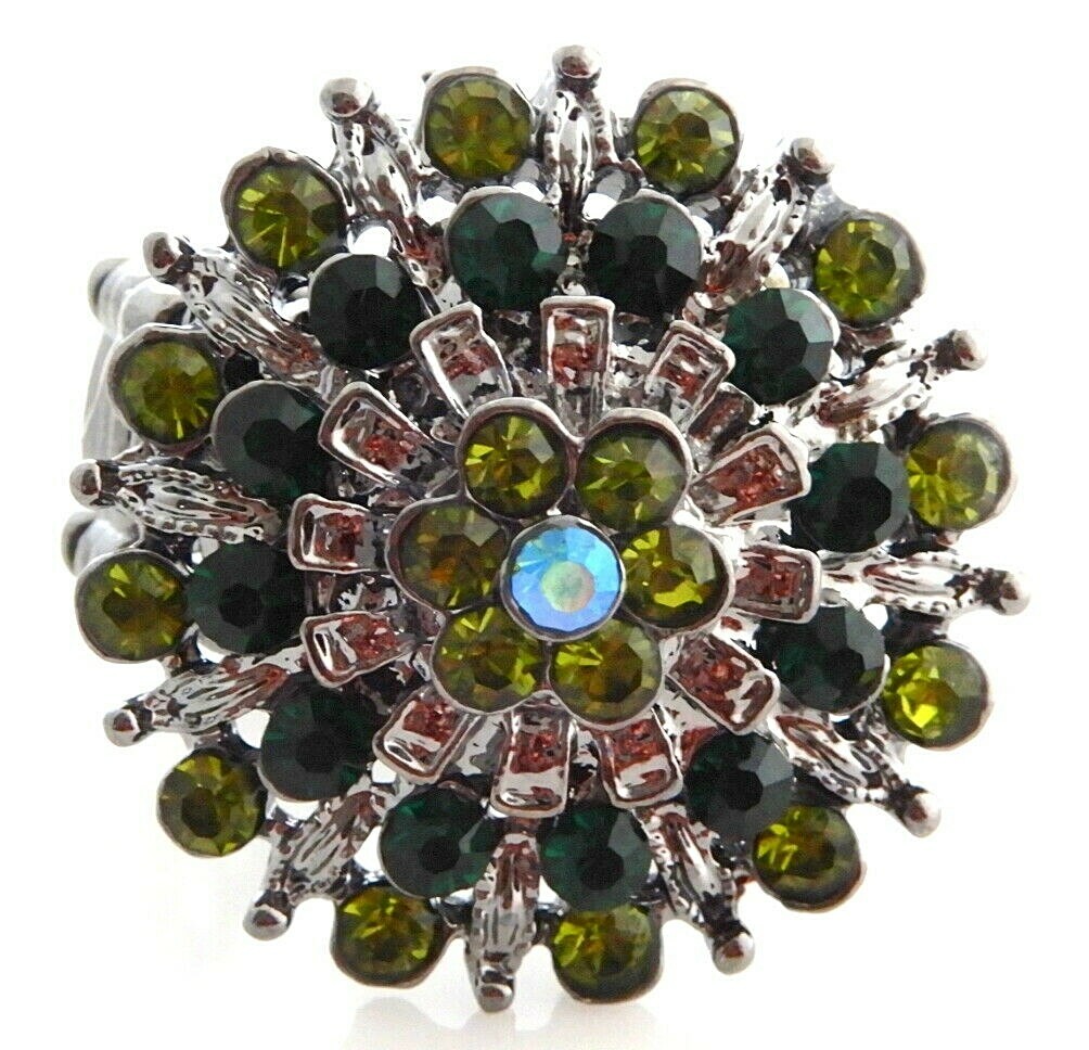Green Crystal Rhinestone Statement Ring – Stretch Silver Cocktail Cha Cha Flowe