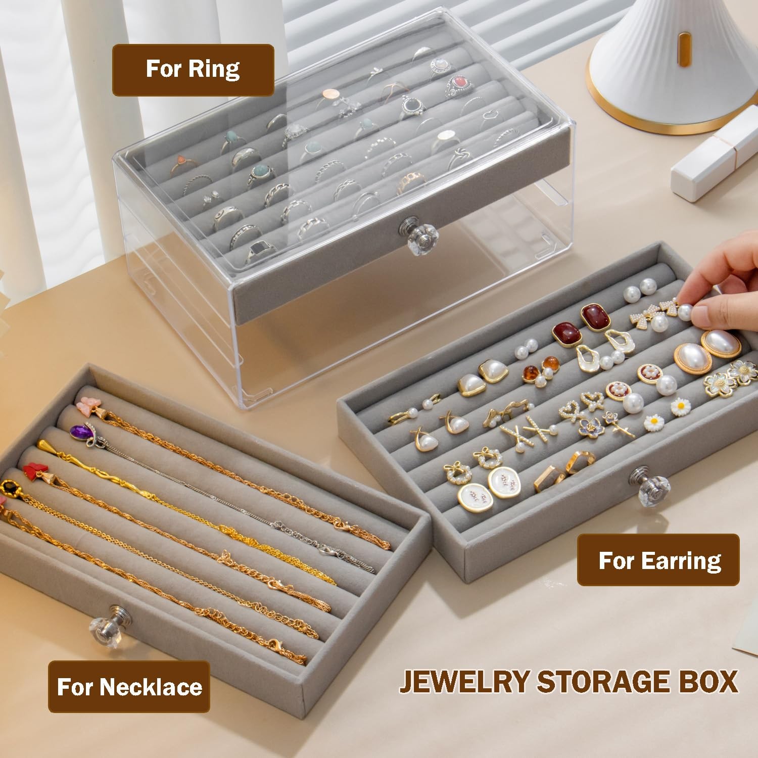 SPAKOWN Ring Box Display Holder, Clear Velvet Jewelry Storage 3 Drawers, Grey
