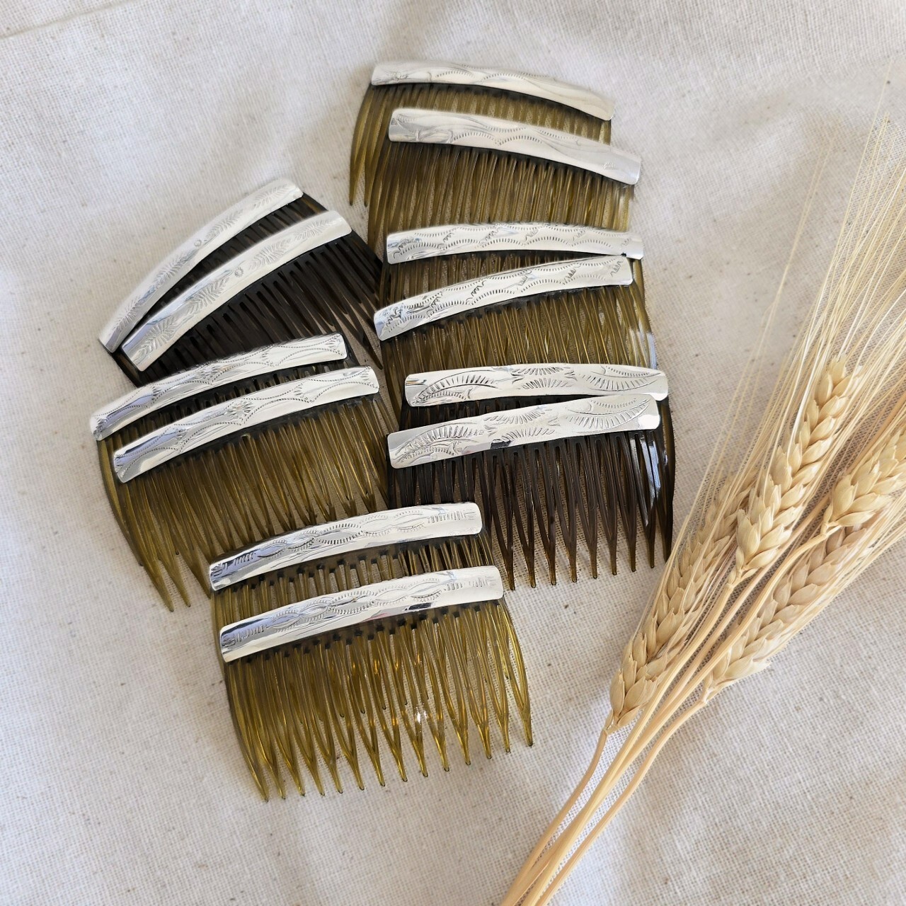 Pair of Native American Navajo Shiny Patterned Sterling Silver 2.75″ Hair Combs