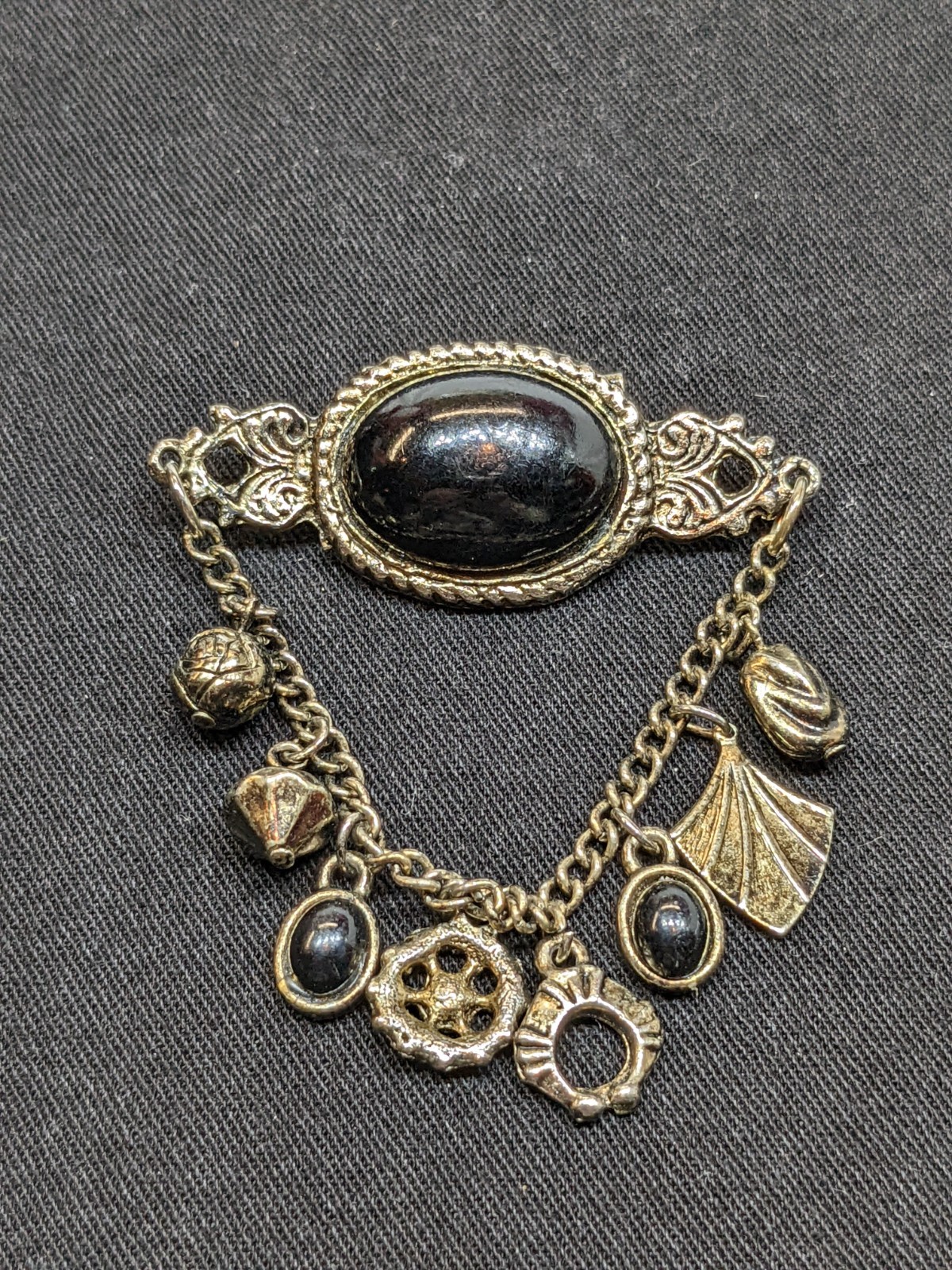 Vtg Victorian Revival Dangle Charm Brooch Black Cabochon Bronze Tone Emo Gothic