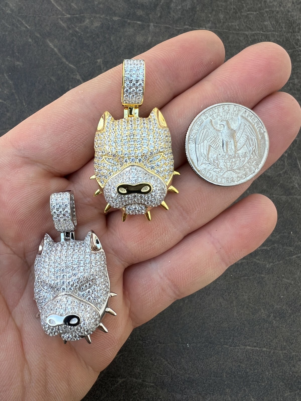 Solid 925 Silver 14k Gold Plated Pitbull Dog Pendant Iced CZ Necklace Hip Hop