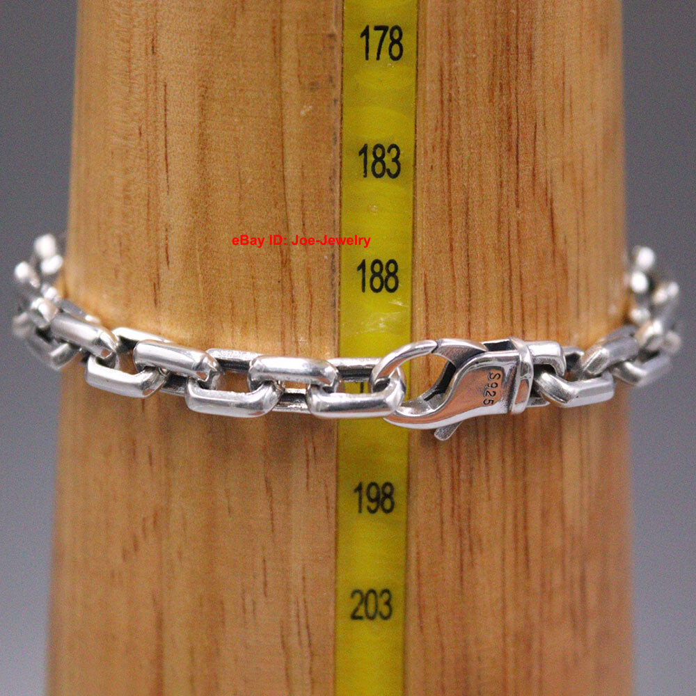 Real 925 Sterling Silver Bracelet 7mm Rectangle Link Chain 8.26inch For Men
