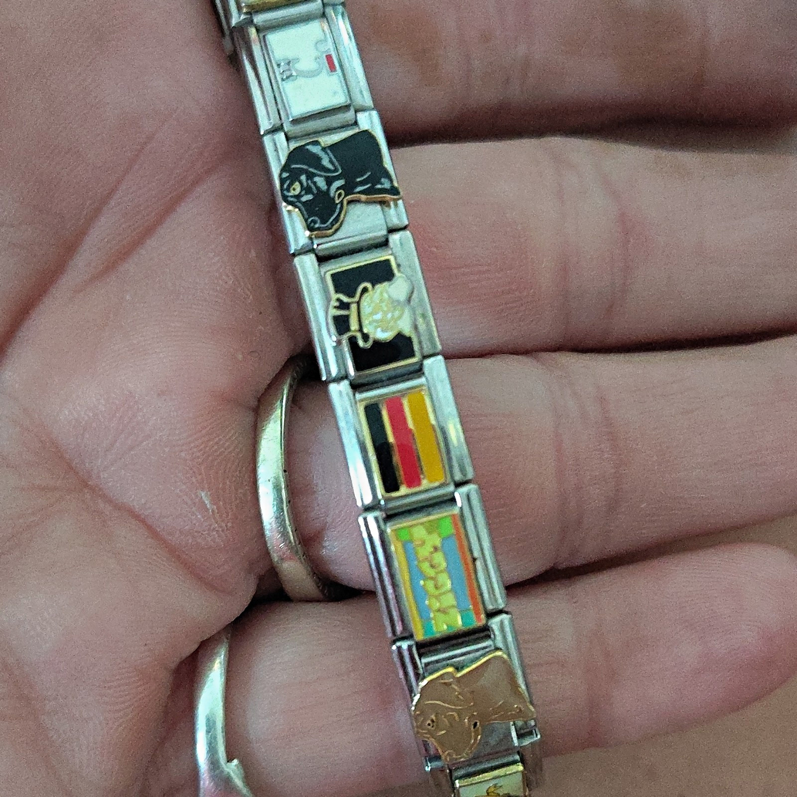 Italian Modular Charm Link Bracelet, Silver Tone Stainless Steel, Fold Over