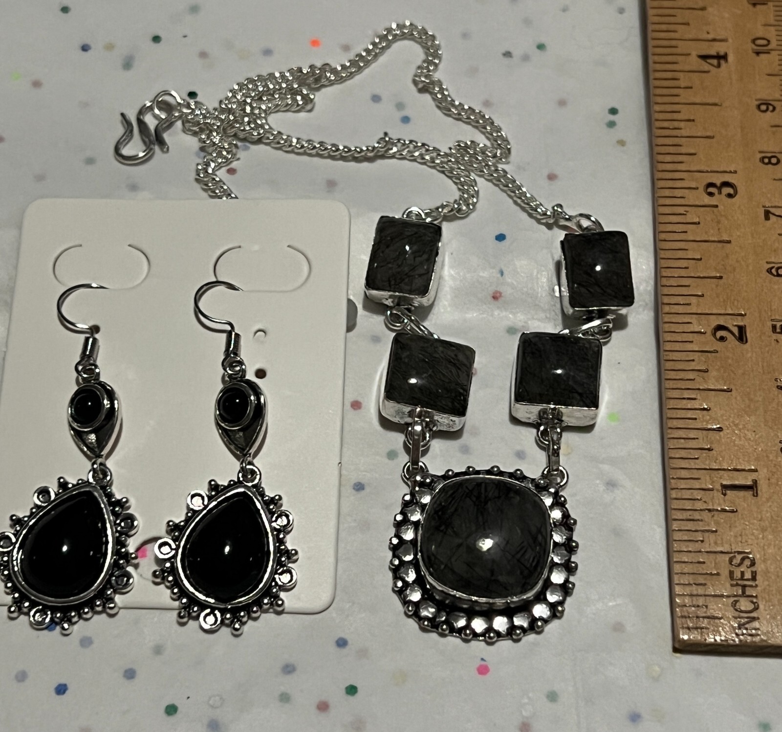 Natural Black Rutile 925 Silver Plated Gemstone Handmade Pendant + Earrings