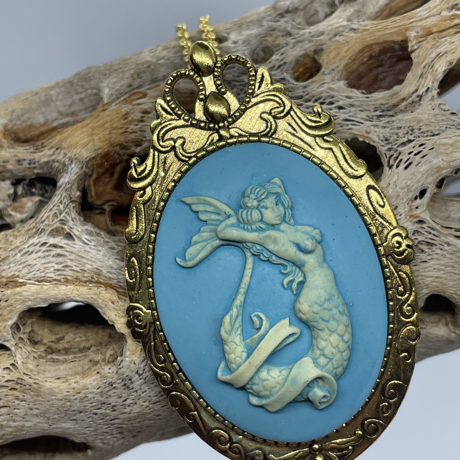 Mermaid Beach BFF Sister Sea Goddess WEDDING Siren Cameo Necklace Teal Gold New