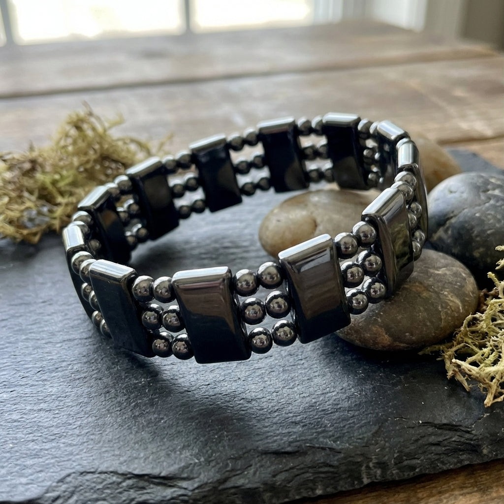 Magnetic Hematite Stretch Bracelet With Black Beads, Streches To Fit Most