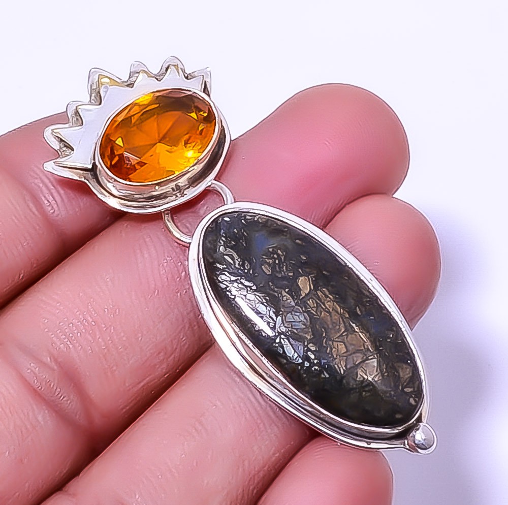 Marcasite – Callahan Mine & Citrine 925 Sterling Silver Pendant 2.34″ A330