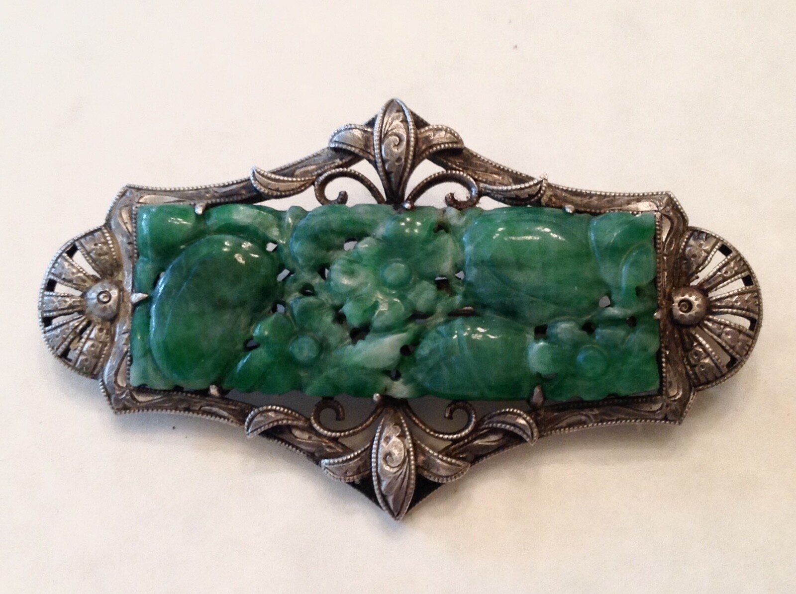 Antique Chinese Export Silver Apple Green Jade / Jadeite Brooch – cd