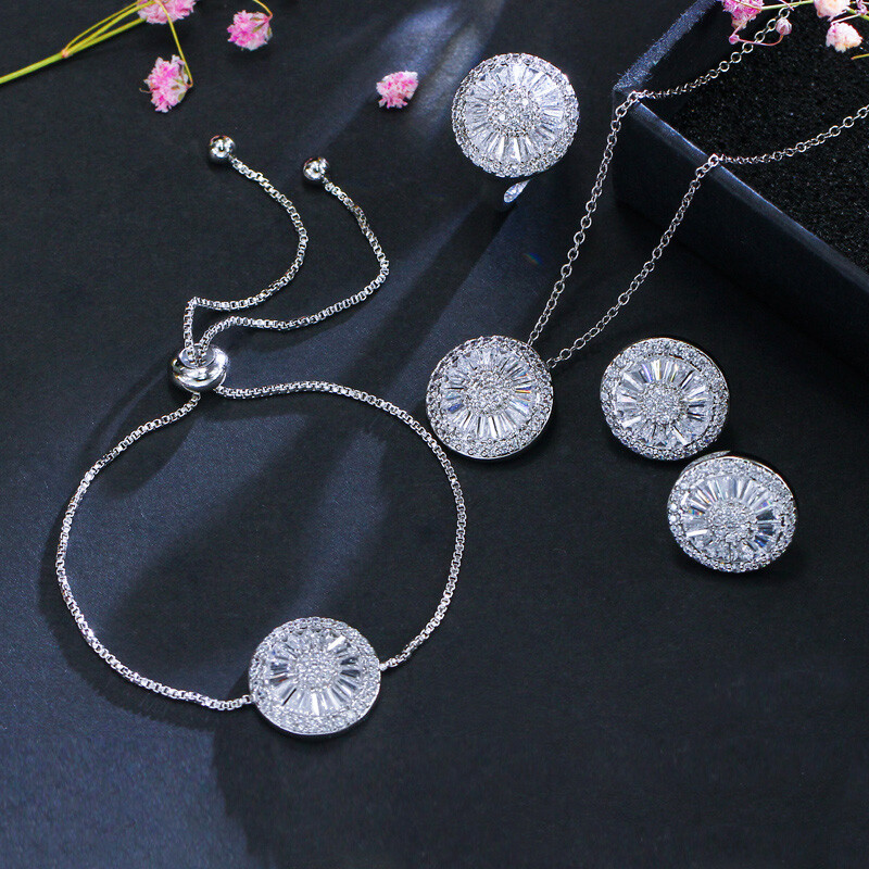 Round CZ Crystal Earring Ring Pendant Necklace Adjustable Bracelet Jewelry Set