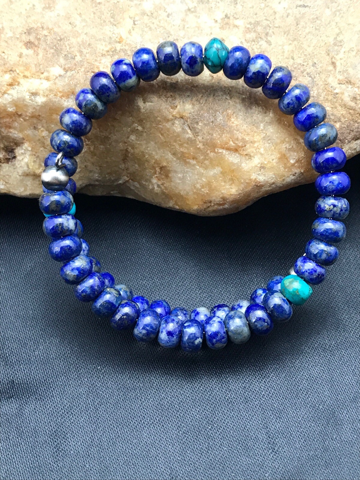 Lapis & Turquoise Bead Southwestern Navajo Sterling Silver Bracelet 03260