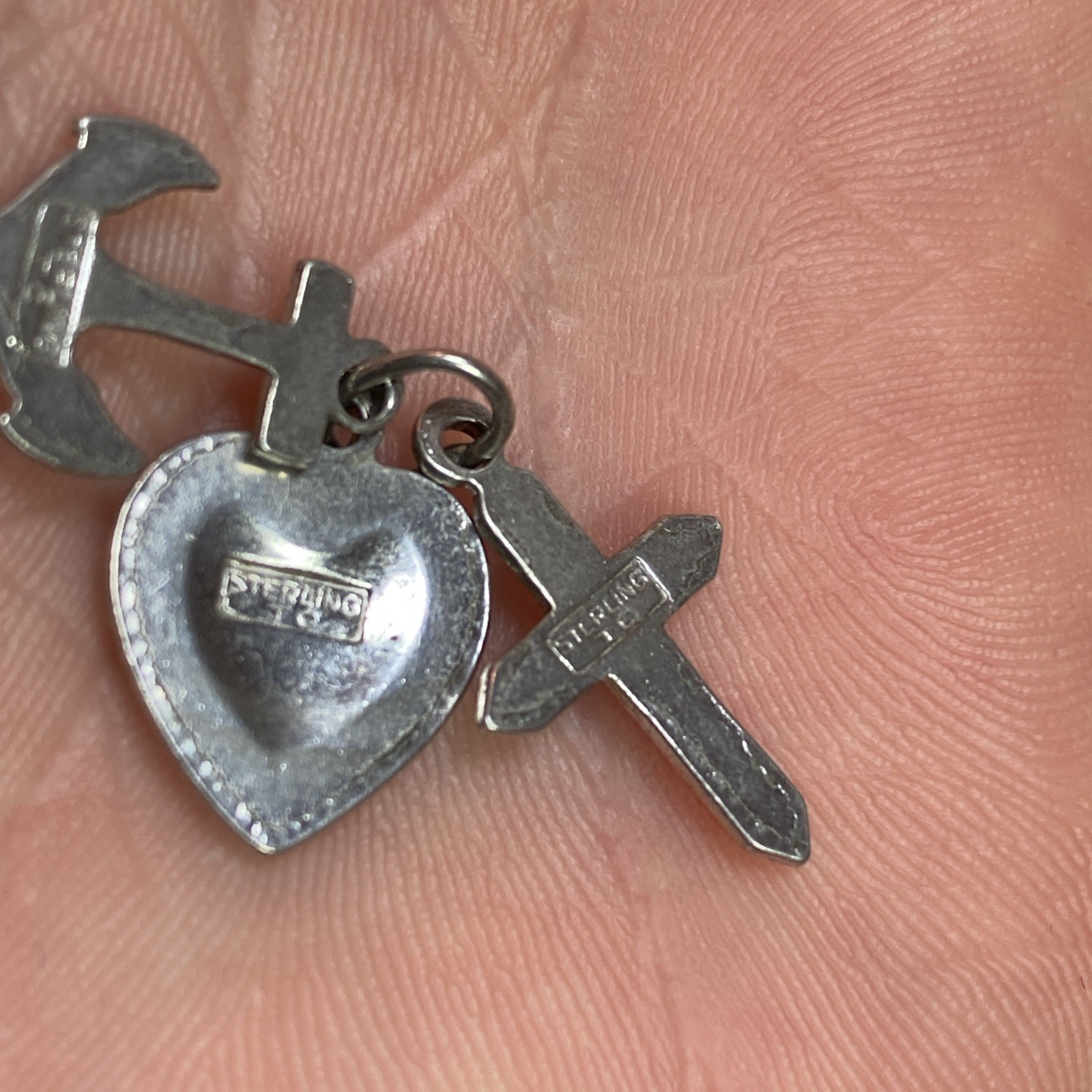 signed TC 925 Sterling Silver Vtg 3 Virtues Anchor Heart Cross Charm Pendant